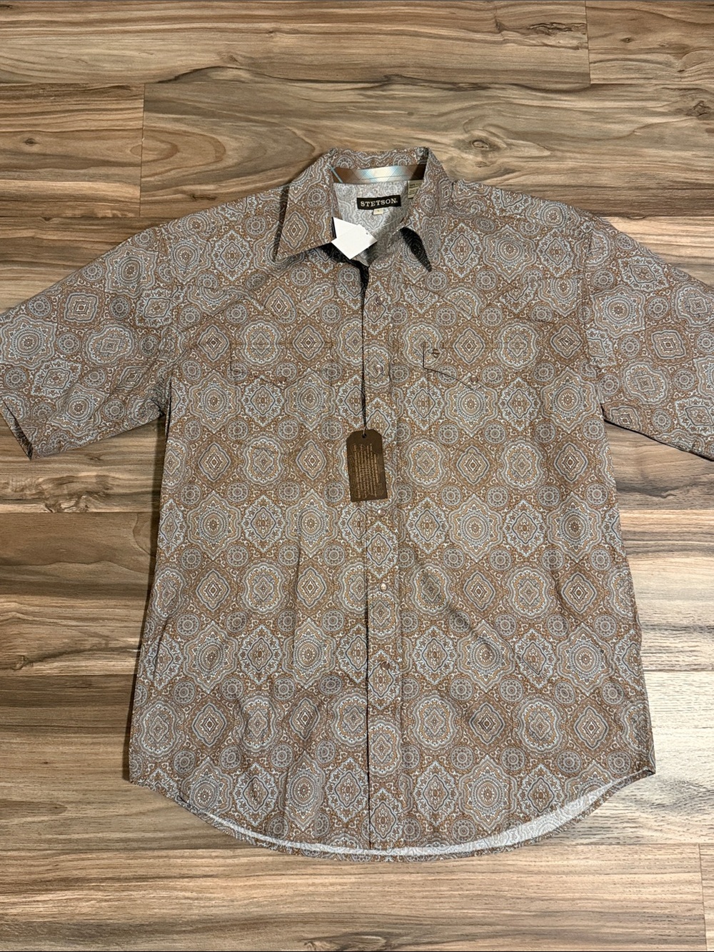 Stetson Western Shirt Men's L Pearl Snap Geometric Print Brown Blue S/S NWT